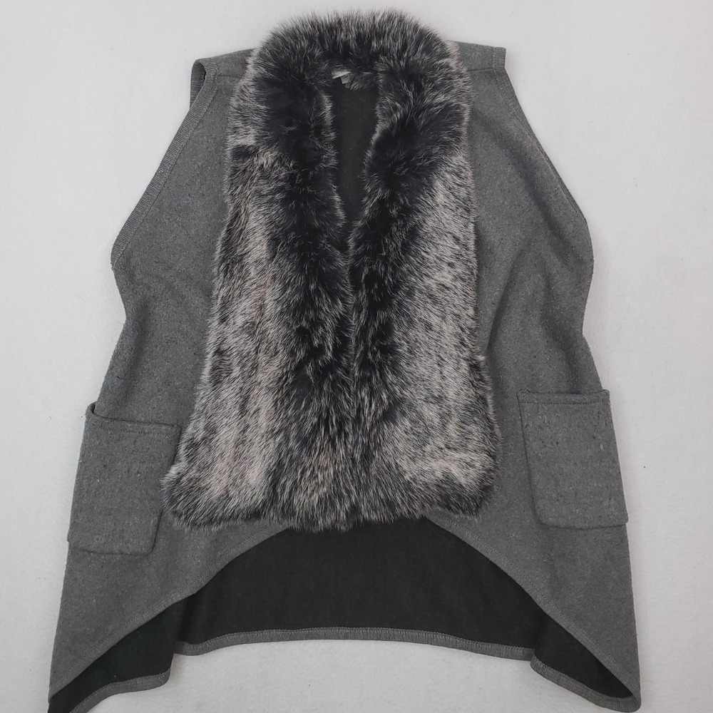 Sioni Studio Vest Womens S/M Gray Faux Fur Trim Open Front Pockets Sleeveless